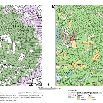 Verteilung der a) Torfe sowie Überdeckungen und b) Nutzung im Ipweger Moor